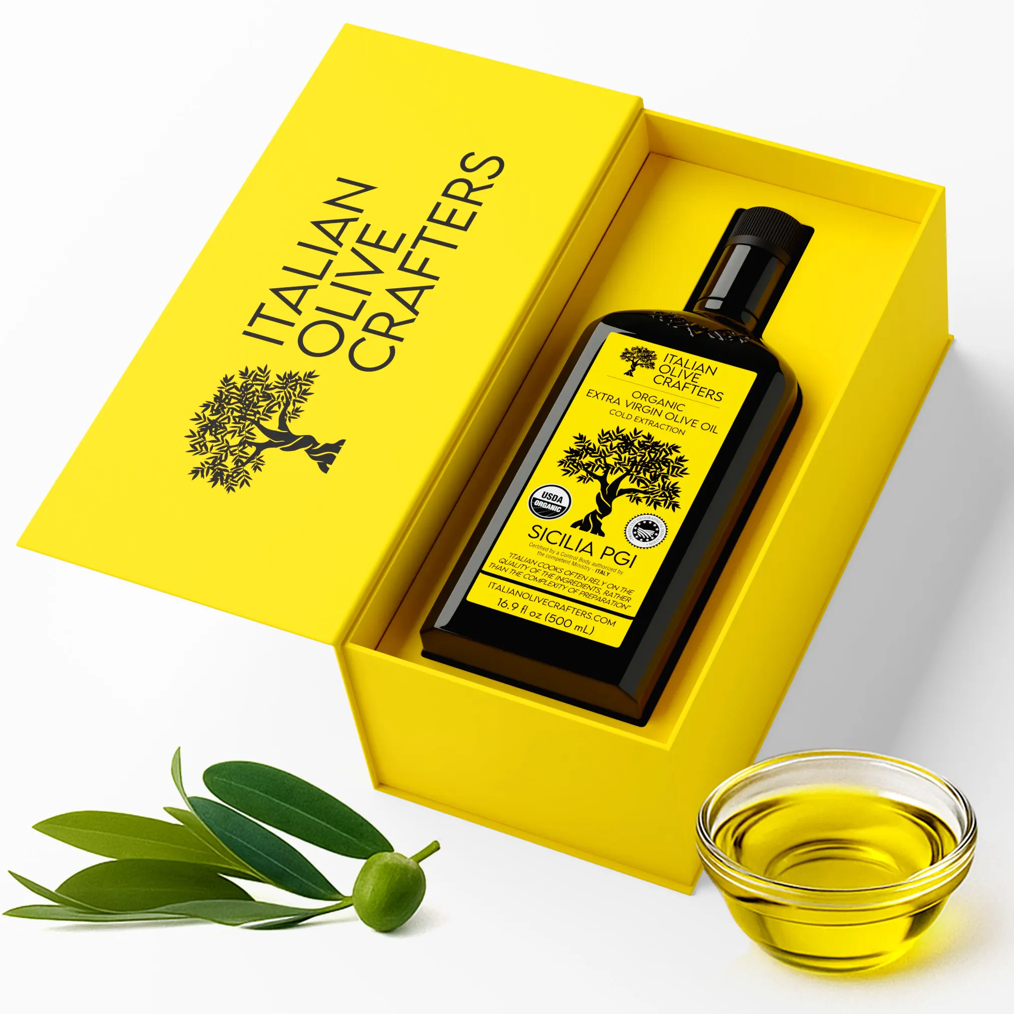 Olive Oil Bottle shown along with Packaging